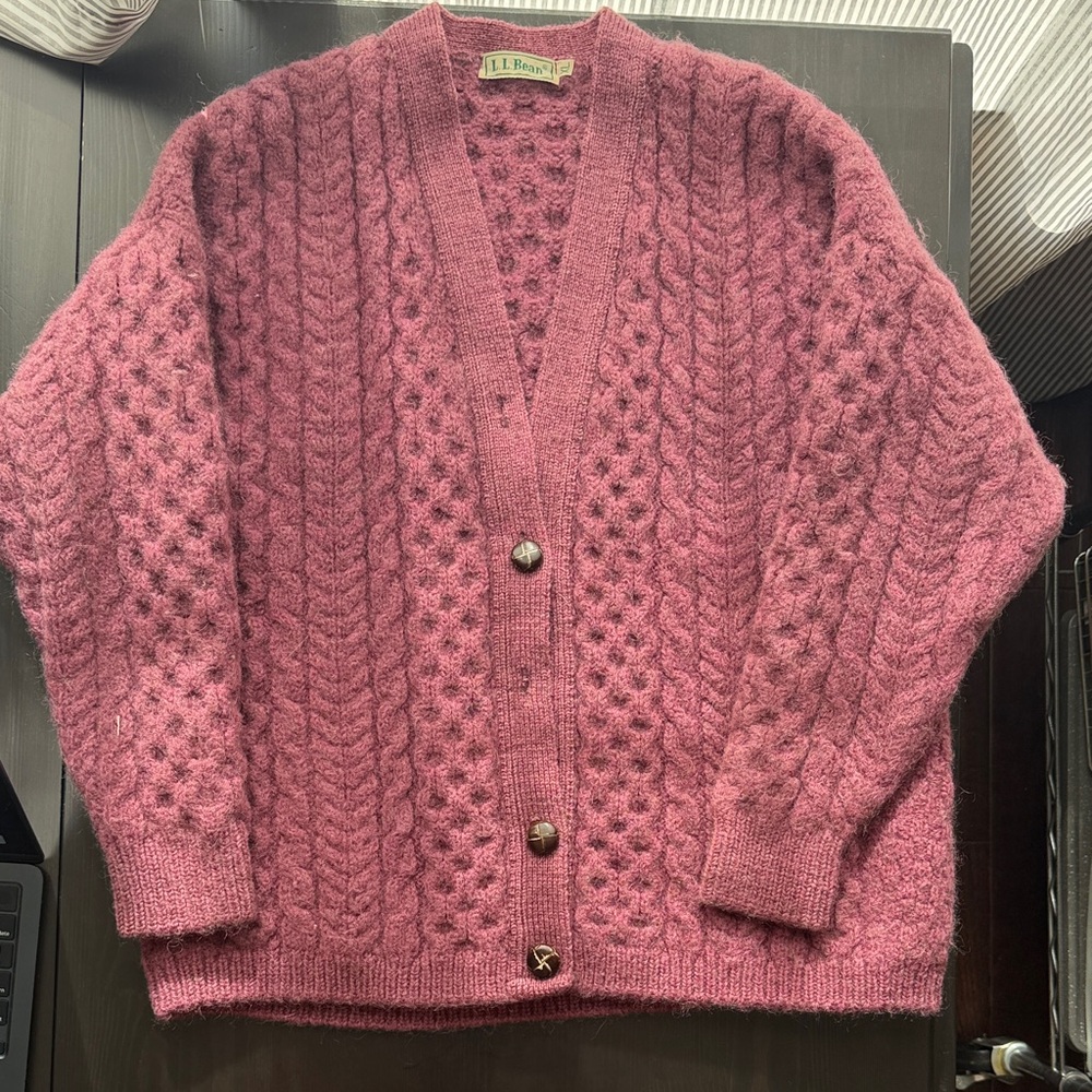 Vintage L.L. Bean Women's Rose Cable Knit Wool Cardigan - as is